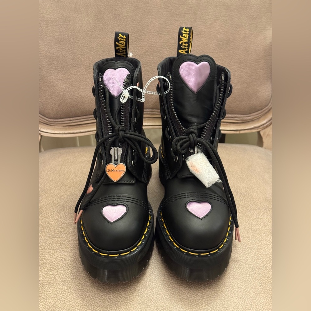 Dr. Martens Black Lace Up Boots with Pink and Purple Hearts - Picture 5 of 15